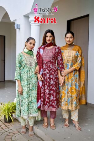 Mystic9 Sara Vol-18 series 18001 to 18008 Heavy Rayon Capsule With Foil Print Nyra Cut Kurti Pant With Dupatta in wholesale surat