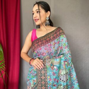 pr bandhani kalamkari malai cotton gorgeous look saree in wholesale surat