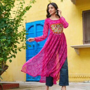 pr clothing lw 9266 navratri special bandhej print readymade long kurti in wholesale surat