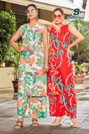sankheswer tetema series 1001 to 1008 rayon readymade trendy co-ord sets in wholesale surat