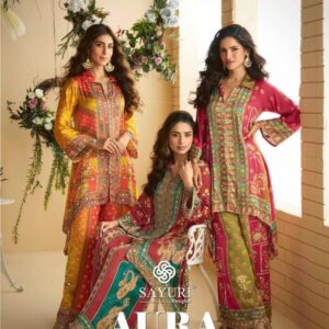 sayuri designer aura series 10085 to 10087 crep silk readymade traditional kurti with plazzo in wholesale surat