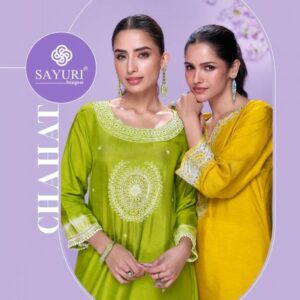 sayuri designer chahat series 5841 to 5844 silk readymade premium diagonal cut kurtis in wholesale surat