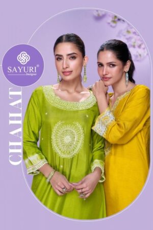 sayuri designer chahat series 5841 to 5844 silk readymade premium diagonal cut kurtis in wholesale surat