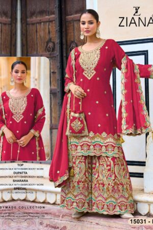 ziana 15031 A to D exclusive chinon silk pakistani readymade plazzo suits in wholesale surat