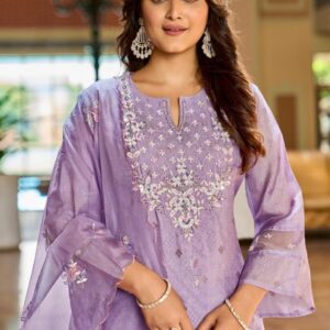 anju fab uk 3631-3633 a-line texture readymade classic organza with jacquard combo suit in wholesale surat