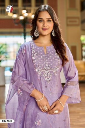 anju fab uk 3631-3633 a-line texture readymade classic organza with jacquard combo suit in wholesale surat