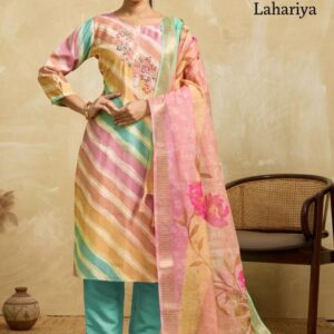 ashwath trendz lahariya readymade classic saffron silk suit in wholesale surat
