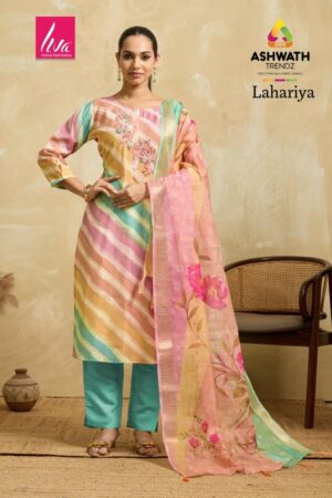 ashwath trendz lahariya readymade classic saffron silk suit in wholesale surat