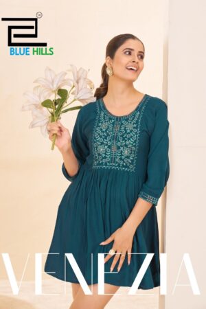 blue hills venezia series 1001 to 1004 rayon rinkle hit design readymade western kurti in wholesale surat