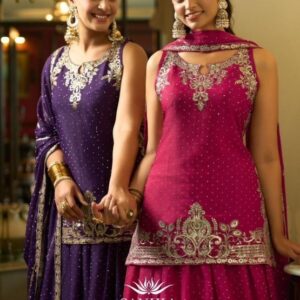 sanika fashion varnika series 1001 to 1004 georgette silk readymade party wear plazzo suits in wholesale surat