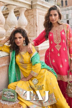 sayuri designer taj series 10032 to 10035 simar silk readymade exclusive sharara kurti dupatta in wholesale surat