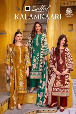 zulfat kalamkaari series 686001 to 686006 woollen pashmina readymade big size suit in wholesale surat