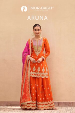 aashirwad mor bagh aruna series 10659 to 10661 chinon silk fully stitch fashionbale plazzo suits in wholesale surat