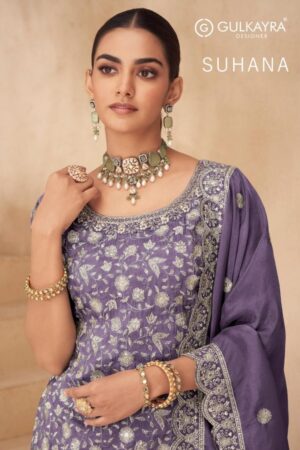 gulkayra designer suhana series 1001 A to 1001 C fully stitch exclusicve simar silk plazzo suit in wholesale surat
