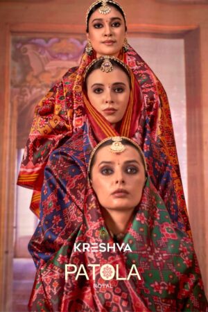 Kreshva Patola Royal series P-009 TO P-012 Twill P.V.Silk With Weaving Border And Pallu Patola Print Tradition saree in wholesale surat