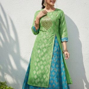pr desi girl attractive look art or raw silk readymade big size kurti with skirt in wholesale surat