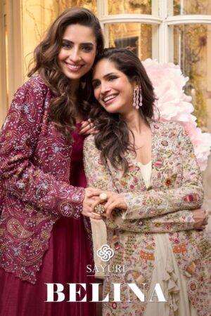 sayuri designer belina series 10090 to 10091 readymade premium silk gown with jakets in wholesale surat