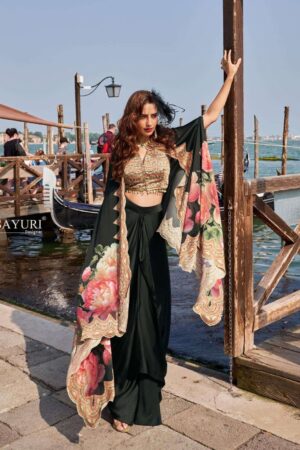 SAYURI DESIGNER FLORANCE SERIES 10105 TO 10108 PREMIUM REAL FRENCH CREP SILK JACKET WITH HAND WORK BLOUSE AND STYLIST DHOTI IN WHOLESALE SURAT