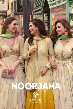 sayuri designer noorjaha series 5882 to 5884 simar silk readymade fashionable gown with dupatta in wholesale surat