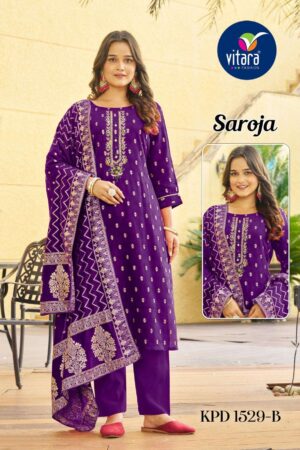 vitara fashion saroja series 1529 A to 1529 D ethnic style full stitch viscose combo suit in wholesale surat