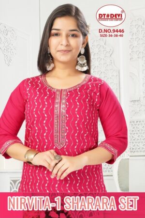 dt devi nirvita vol 1 fully stitch roman silk 9446 combo kids sharara suit in wholesale surat