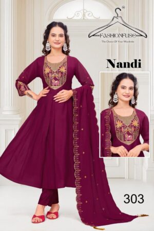 fashionfuse nandi series 301 to 308 mul chanderi silk full stitch casual wear suits in wholesale surat