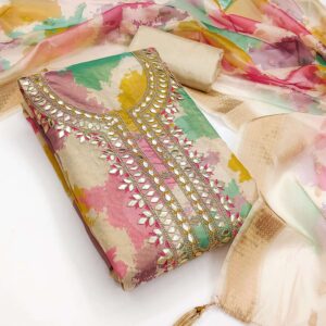 JASHN GOLD SIMMER SILK DIGITAL PRINT KODDING GOTTAPATTI WORK SALWAR KAMEEZ IN WHOLESALE SURAT