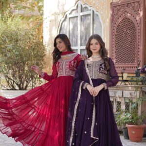 lw 9221 ethnic design readymade faux blooming georgette gown with dupatta