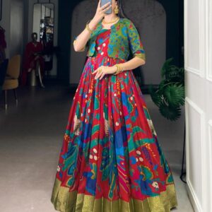 pr ynf5035 tasar silk kalamkari readymade classic gown with jackets in wholesale surat