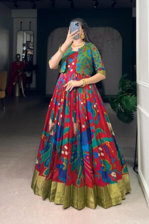 pr ynf5035 tasar silk kalamkari readymade classic gown with jackets in wholesale surat