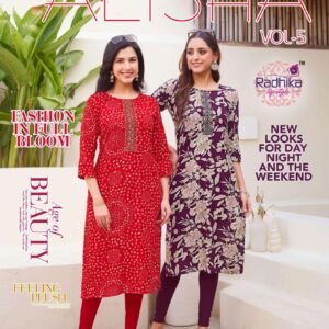 radhika lifestyle alisha vol 5 series 5001 to 5010 readymade stylish plus size rayon long kurti in wholesale surat