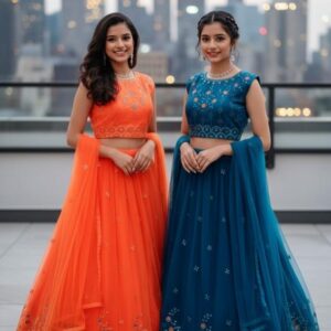 dt devi 3820 net kesri fully stitch designer combo crop top