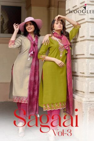 Wooglee Sagaai Vol 3 Viscose Hand Work Kurti 3 Pcs Set Rehmat Boutique