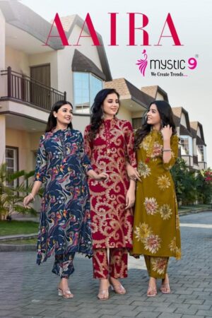 mystic9 aaira series 1001 to 1010 vertican foil print fully stitch co-ord set in wholesale surat