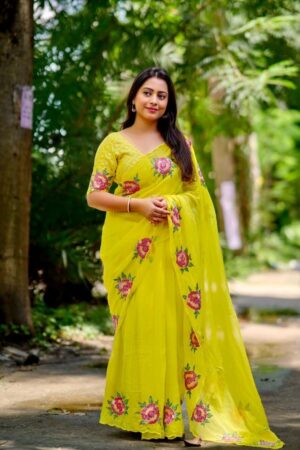 pr kc 526 elegnace organza rose sequence work best sarees in wholesale surat