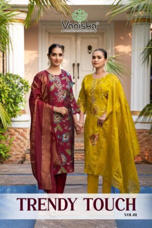 vaniska colourpix trendy touch vol 1 series 1001 to 1008 glass silk full stitch big size suit in wholesale surat