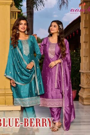 Aanchi Blue Berry Vichitra Silk Embroidery Kurti Set Wholesale Price Rehmat Boutique
