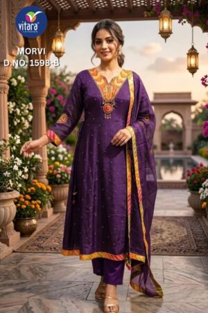 Vitara Morvi Mul Chanderi Embroidered Kurti Pant Set With Dupatta Rehmat Boutique