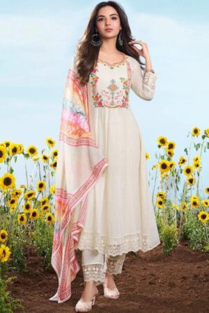 Pavitra 001 Pure Cotton White Anarkali Kurti Set With Dupatta Rehmat Boutique