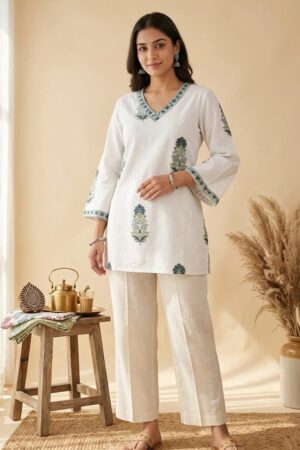 Nisha Code 1000 Cambric Cotton Block Printed V Neck Tops Rehmat Boutique