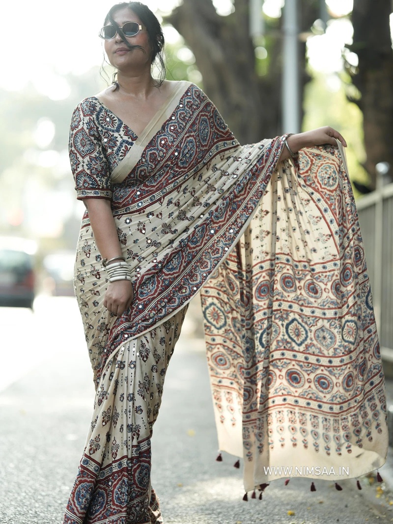 1780756924 Kc 2134 Ajrakh Print With Mirror Work Saree Collection Rehmat Boutique Kc 2134 Ajrakh Print With Mirror Work Saree Collection Rehmat Boutique