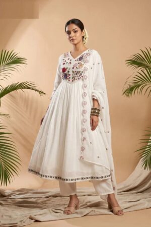 Nisha K 1069 Mul Chanderi Embroidered Work Kurti Set With Dupatta Rehmat Boutique