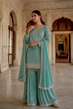 HK 1527 Designer Embroidery Work Sharara Suits With Dupatta Rehmat Boutique
