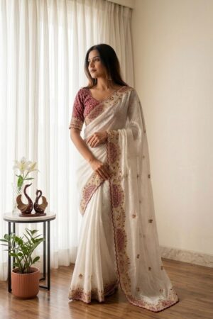 N 5604 Soft Crunchy White Aplic Work Designer Sarees Collection Rehmat Boutique