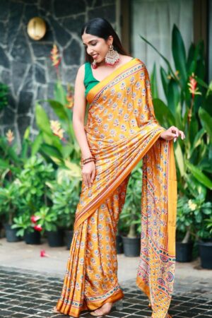 N 5603 Beautiful Ajarakh Print With Real Mirror Work Saree Collection Rehmat Boutique