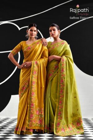 RajPath Saffron Tissue Silk Traditional Saree Collection Rehmat Boutique